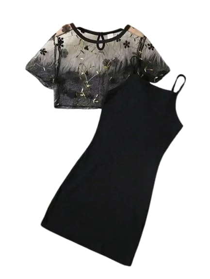 Selfie Creation Girls Floral Applique Mesh Top and Cami Dress Set, Princess Western Style Frock with Jacket, Toddler (BLACK, 1-2 YEARS)