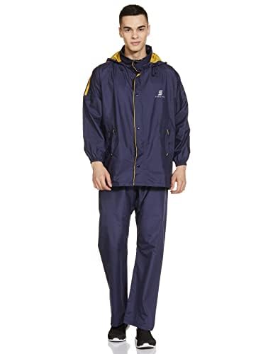 Amazon Brand - Symactive Polyester Men's Casual Style Waterproof Taping Raincoat Jacket with Hood, Pant and Carry Bag (Unisex, Blue, Large)