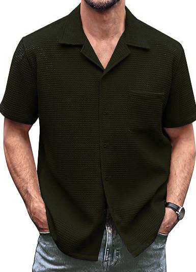 ColorChakra Casual Waffle Knit Shirt for Men Stylish Half Sleeve Mens Shirts Olive