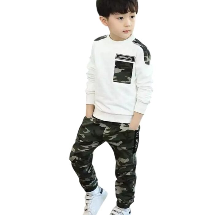 Sagar Impex Cotton Blend Boys Camouflage T-shirt and Pant Set, Full Sleeves, 4-12 Years (White, 9-10 Year)