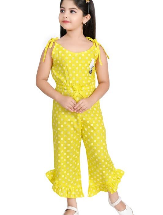 Jelly Qelly Kids Cotton Casual Dress |Jumpsuit One-Piece Solid Set for Girls(4-5year,Yellow)