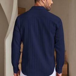 CB-COLEBROOK Men's Casual Button Down Shirts Long Sleeve Linen Shirt Fashion Textured Beach Summer Shirt (in, Alpha, L, Regular, Navy Blue) - Image 4