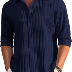CB-COLEBROOK Men's Casual Button Down Shirts Long Sleeve Linen Shirt Fashion Textured Beach Summer Shirt (in, Alpha, L, Regular, Navy Blue)