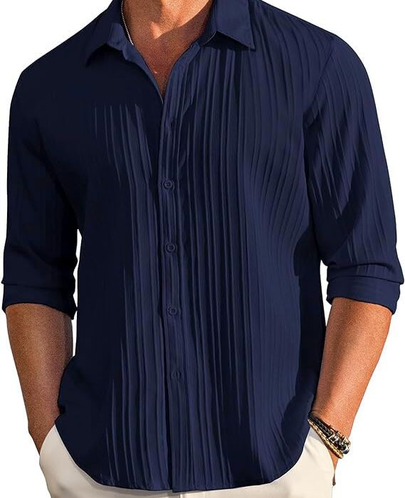 CB-COLEBROOK Men's Casual Button Down Shirts Long Sleeve Linen Shirt Fashion Textured Beach Summer Shirt (in, Alpha, L, Regular, Navy Blue)