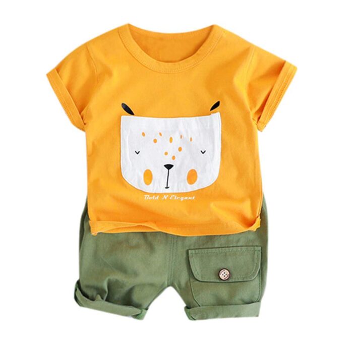Bold N Elegant Cotton Cute Cartoon Printed Half Sleeve T-Shirt And Shorts Clothing Set For Infant Toddler Baby Boy Girl (3-4 Years, Mustard Yellow - Olive)