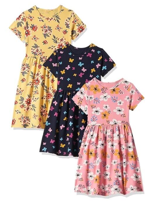 SBN Newlifestyle Gowns Dress for Girls Midi/Knee Length Cotton Printed Frock Multi Colors Set of 3 pc