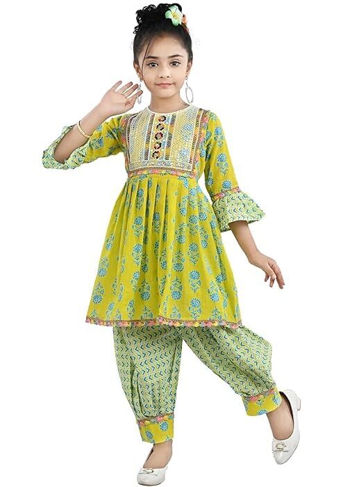 KIDS PARYANIS Baby Girls Ethnic Wear Cotton Solid Kurta Sharara Set, 9-10 Year, Yellow
