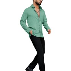 Men's Regular Fit Poly Popcorn Casual Shirt Green - Image 3