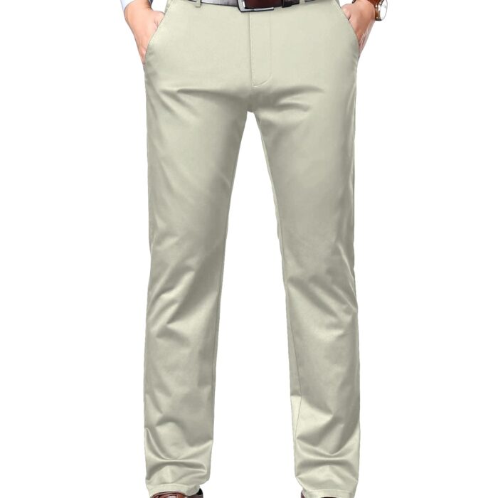 AVANOVA Men's Solid Beige Mid Rise Trousers Light Business Style Slightly Stretch Straight Leg Pants for Outdoor Casual Daily Trouser II Men's Regular Casual Pants Trouser (Trouser 126 Beige-34)