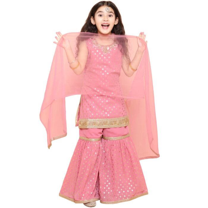 AJ DEZINES Kids Georgette Sleeveless Pink Kurta Sharara Set for Girls - Ethnic Wear | Festival Wear - Foil Printed Pattern, Regular Fit