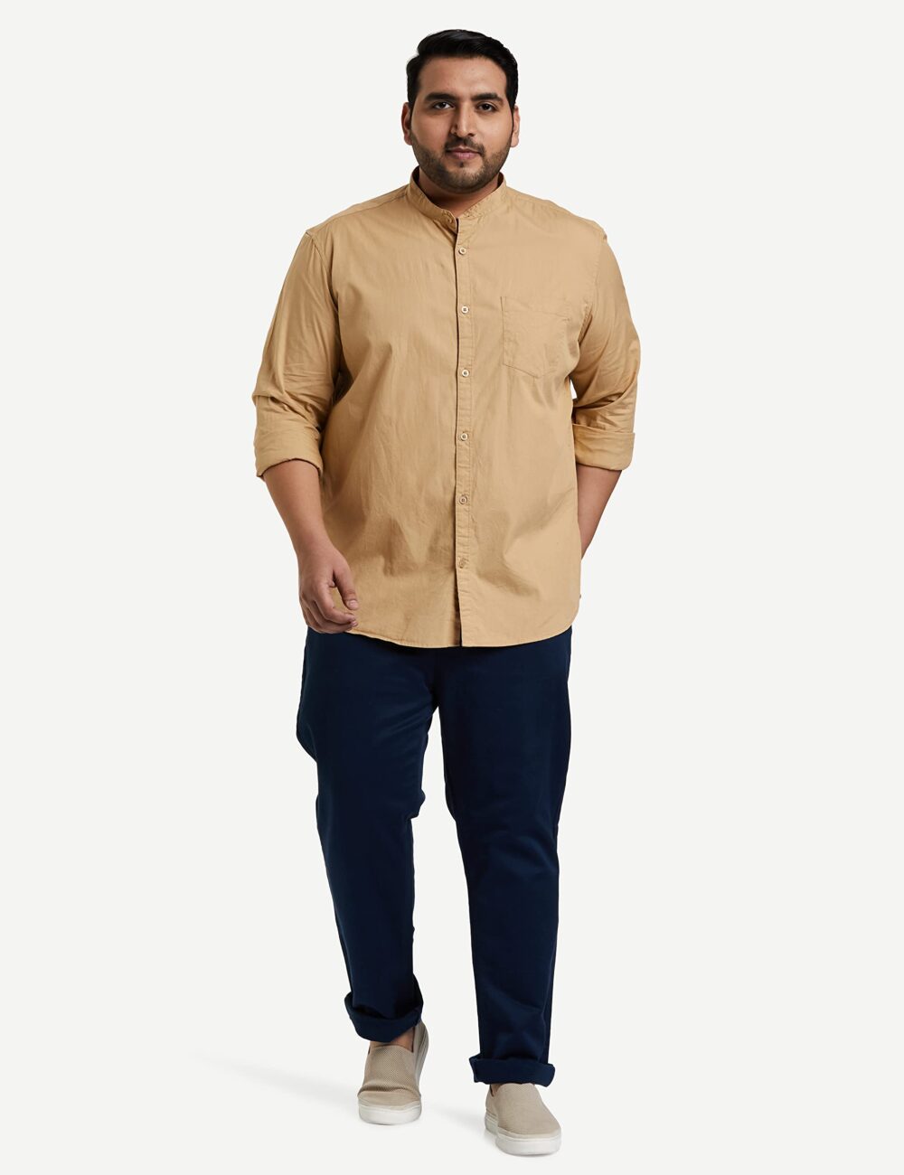Amazon Brand - Symbol Men's Cotton Shirt | Chinese Collar | Casual | Plain | Full Sleeve | Summer - Regular Fit (Available in Plus Size) (Beige_L) - Image 4