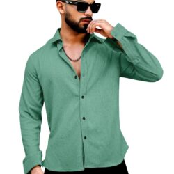 Men's Regular Fit Poly Popcorn Casual Shirt Green - Image 7