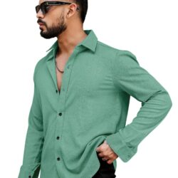 Men's Regular Fit Poly Popcorn Casual Shirt Green