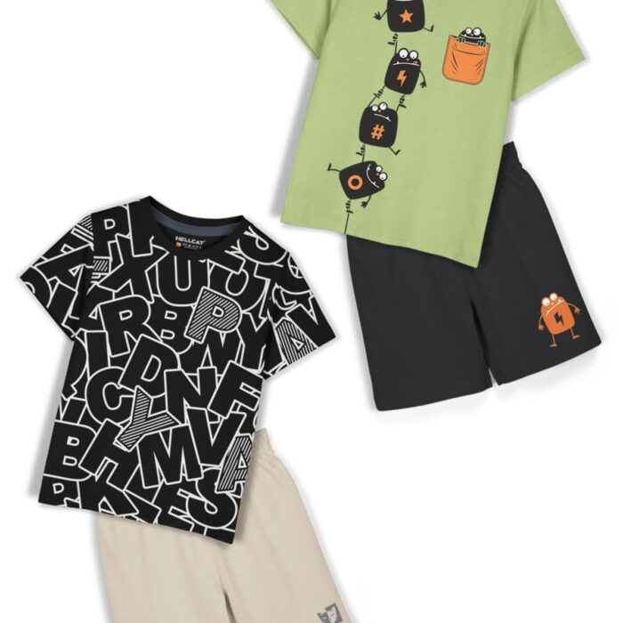 HELLCAT Boys Dress Clothing Set Combo with Tshirts & Shorts - Pack 2 Black/Green 9-10 Years