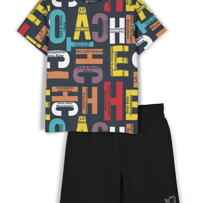 HELLCAT Boys Dress Clothing Set Combo With Cotton Blend Printed Tshirts & Shorts - Pack 1 Black2 9-10 Years