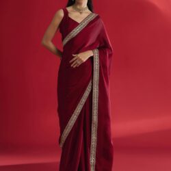 AKHILAM Women's Maroon Satin Solid Saree With Unstitched Blouse (RADHA1002_RX) - Image 7