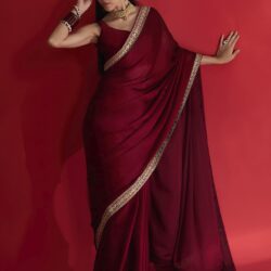 AKHILAM Women's Maroon Satin Solid Saree With Unstitched Blouse (RADHA1002_RX) - Image 5