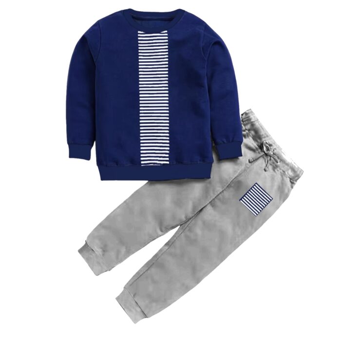 British Kings Unisex Boys Set 100% Cotton Light Weight Cut And Sew At Sleeve Chest Printed-Stylish Long Sleeve T Shirt With Joggers. (9-10 Years, Navy)
