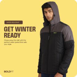 Boldfit Men's Quilted Polyester Standard Length Jacket Monsoon Winter Wear Hooded Winter Padded Bomber Full Sleeve Jacket Black Grey XL - Image 5