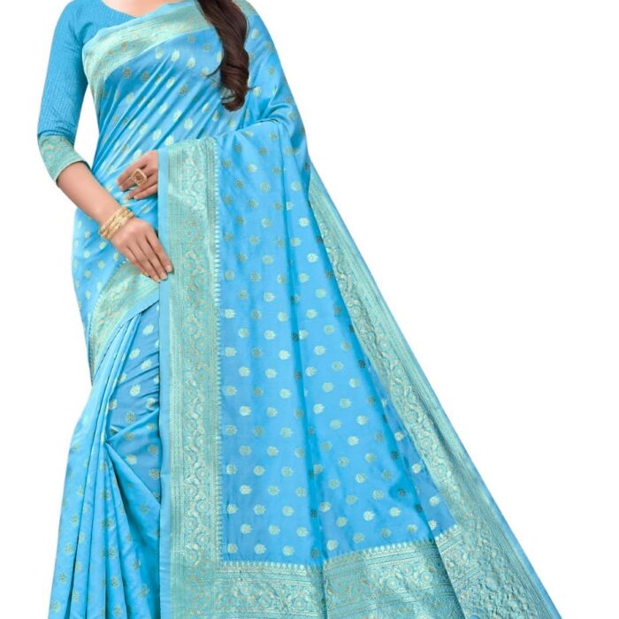 C J Enterprise Women's Pure Banarasi Silk Saree Kanjivaram Soft Design Wear Pattu Sarees Latest Party Cotton With Blouse Piece Kanchipuram for Wedding sadi new 2024 2025 (Pari124-50) (Sky Blue)