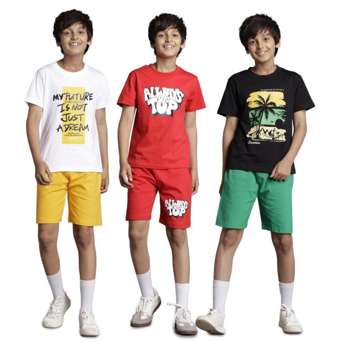 T2F Boys Tshirt and Shorts Set (Pack of 3)(BYS-TSRT-SHRTS-03_Multicolor_3-4 yrs)