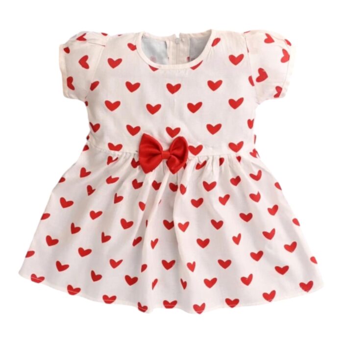 SCARFHAVEN Cute Baby Girl's Cotton Love Printed Short Sleeve Frock Dress (White, 3-4 Years)