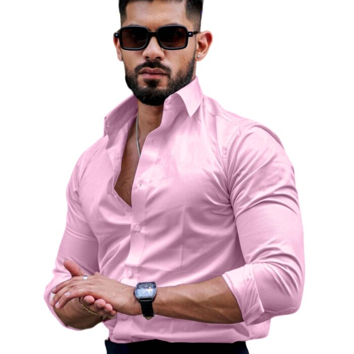 IndoPrimo Men's Casual Solid Satin Shirt for Men Full Sleeves Baby Pink