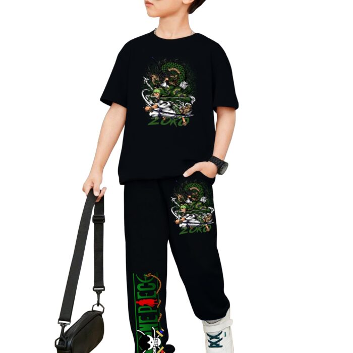 LOCAVESTIR Cotton Blend Anime Printed Co-Ord Set For Kids- One Piece Zoro Oversized Tshirt And Track Pants Jogger Combo For Boys Black 14-15 Years