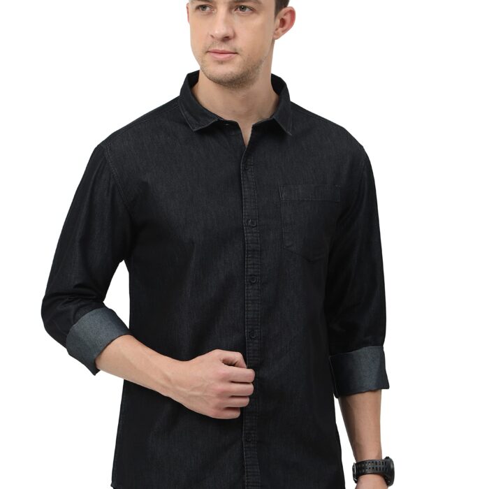 Miraan Men's Casual Black Denim Cotton Slim Fit Shirt (Sigblackdenimxl_Black_X-Large)