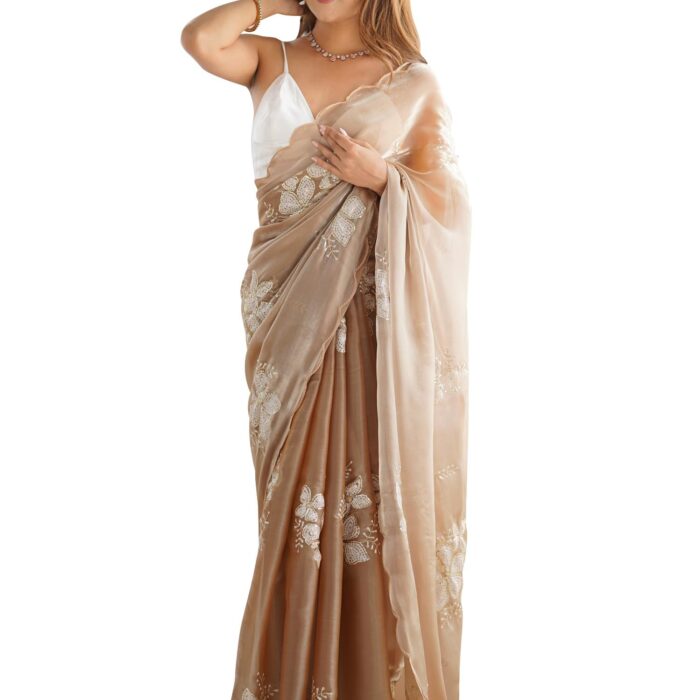 AKHILAM Women's Beige Shimmer Organza Sequence Embroidery Saree With Unstitched Blouse Piece
