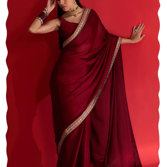 AKHILAM Women's Maroon Satin Solid Saree With Unstitched Blouse (RADHA1002_RX)