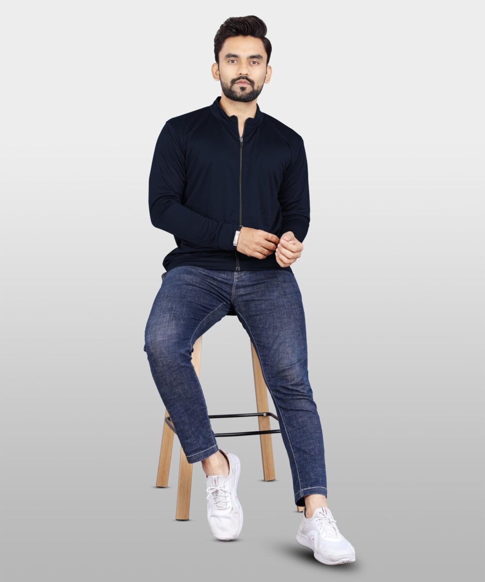 FIBREZA Men Solid Lycra Sports Jacket Long Sleeves Full Zip with Pocket Gym, Running & Travel Upper Wear (IN, Alpha, XL, Regular, Navy Blue) - Image 4
