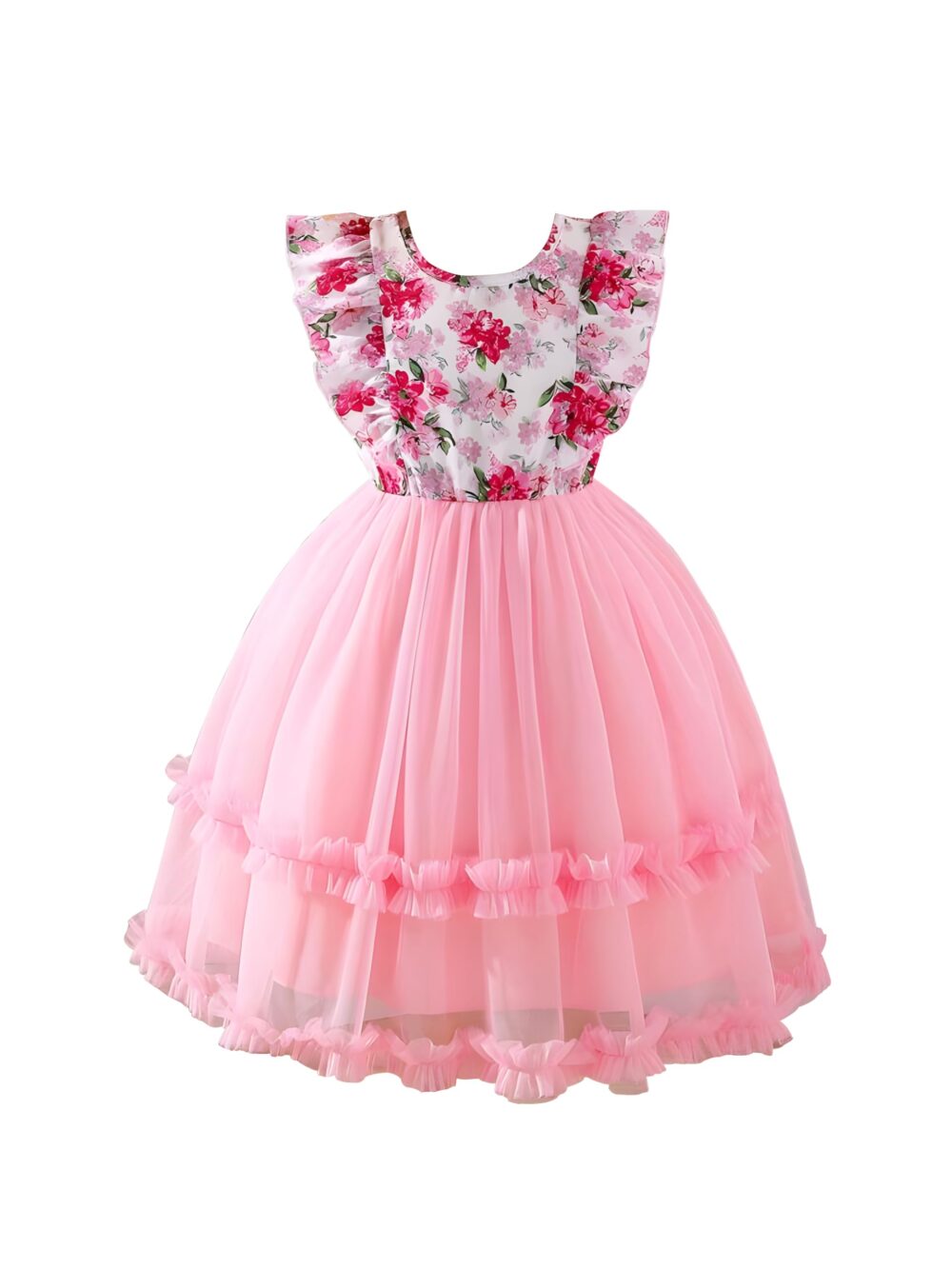 Niren Enterprise Baby Girl Dresses, Net Frock & Floral Print Top with Ruffle Sleeve for Birthday and Special Occassions, Fancy Dress for Kids (Pink Ocean, 7-8 Years)