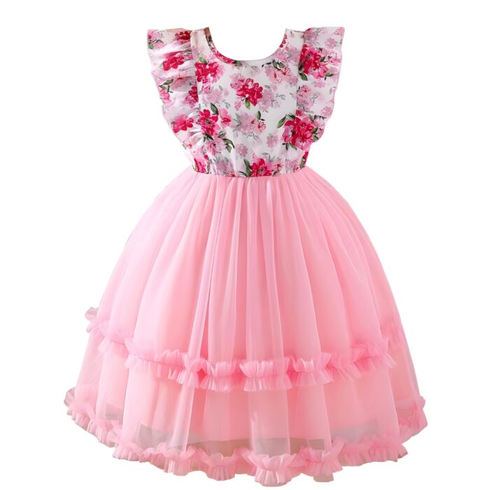 Niren Enterprise Baby Girl Dresses, Net Frock & Floral Print Top with Ruffle Sleeve for Birthday and Special Occassions, Fancy Dress for Kids (Pink Ocean, 7-8 Years)