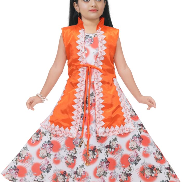 S K FASHION Cotton Blend Casula Wear Handstitch Grown Dress for Girls (Orange, 9-10 Years)