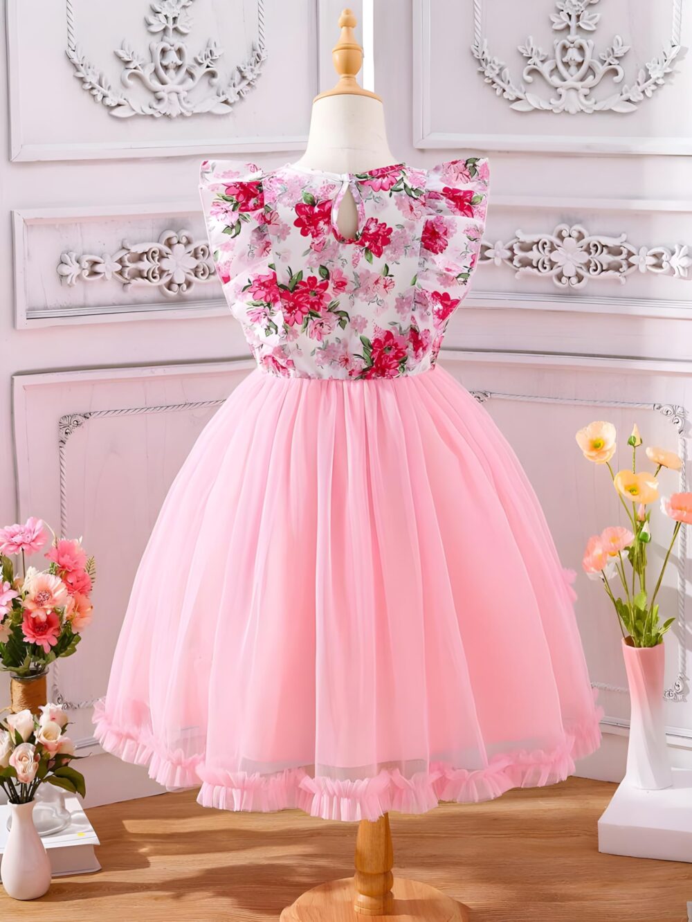 Niren Enterprise Baby Girl Dresses, Net Frock & Floral Print Top with Ruffle Sleeve for Birthday and Special Occassions, Fancy Dress for Kids (Pink Ocean, 7-8 Years) - Image 6