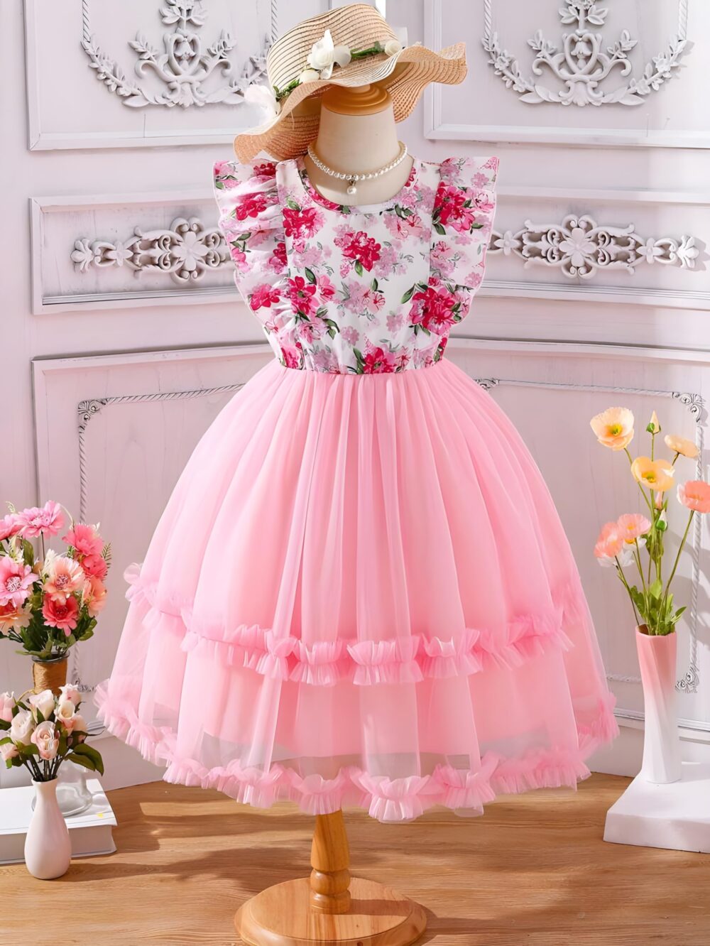 Niren Enterprise Baby Girl Dresses, Net Frock & Floral Print Top with Ruffle Sleeve for Birthday and Special Occassions, Fancy Dress for Kids (Pink Ocean, 7-8 Years) - Image 7