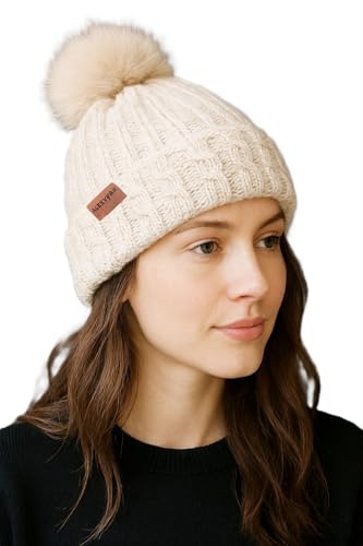 Alexvyan White Winter Knit Beanie with Designer Border & Pom-Pom, Fleece Lined Acrylic Cap,Soft and Warm Fleece Interior, Women Woolen Winter Cap - Snow & Air Proof