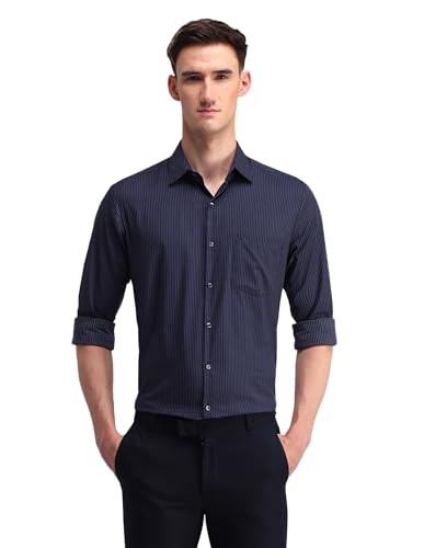 Arrow Men's Blue Striped Collared Neck Long Sleeve Formal Cotton Regular Fit Shirt (ARAISH0258_Blue_38)