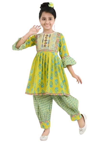 KIDS PARYANIS Baby Girls Ethnic Wear Cotton Kurta Sharara Set, Solid, Yellow, 6-7 Year