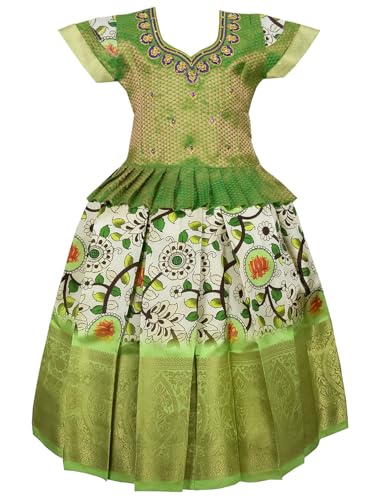 AMIRTHA FASHION Girls Traditional Lehenga Choli Pattu Pavadai Floral Kalamkari Print Skirt Festival Ethnic Wear (Green, 7-8 Years)
