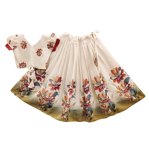 MiniMist Girls Elegant Floral Printed Lehenga Choli | Designer Ethnic Wear with Puff Sleeves Blouse | Indian Traditional Lehenga Choli | Navratri Dress (Maroon, 6-7 Year)