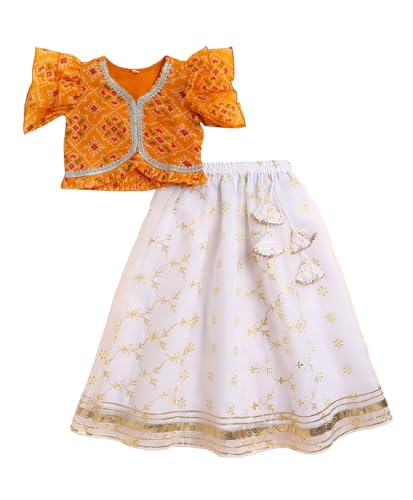 The Magic Wand Kota Doriya Ruffle Sleeves Lehenga Choli For Kids Baby Girls Bandhani Print Embellished Traditional Ethnic Lehenga Blouse For Festivals, Yellow, 7-8 Year