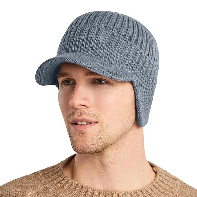 Gajraj Mens Wool Winter Beanie Earflaps Cap with Warmer Outdoor Fleece Hat with Visor Grey