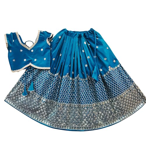 MiniMist Girl's Taffeta Silk Embroidered Lehenga Choli-Traditional Ethnic Set For Girls-Wedding & Festivals Dress(2-8 Year) (Rama, 7-8 Year)