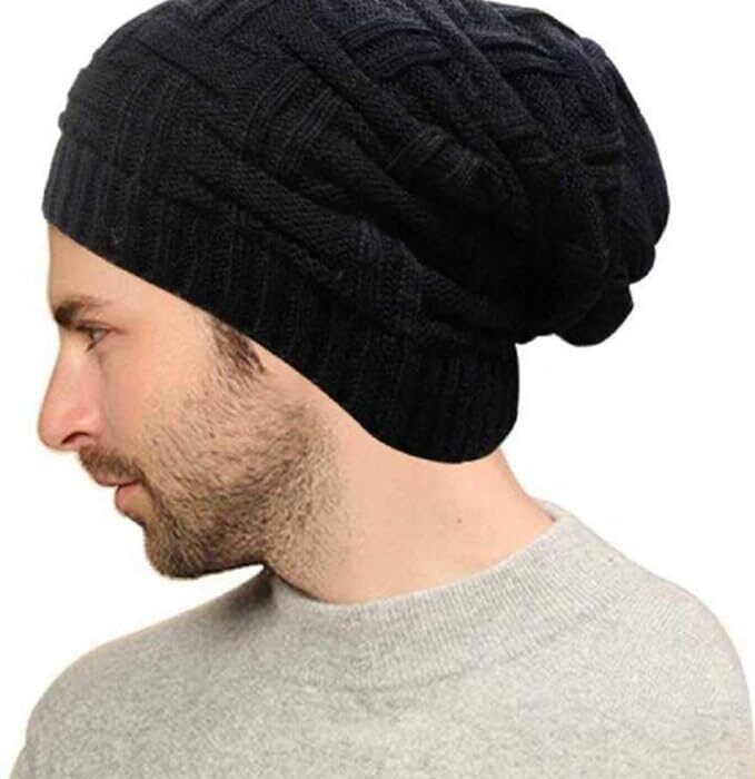MIK Men's Winter Woolen Beanie Cap with Fur Inside Slouchy Black Color (Pack of 1)