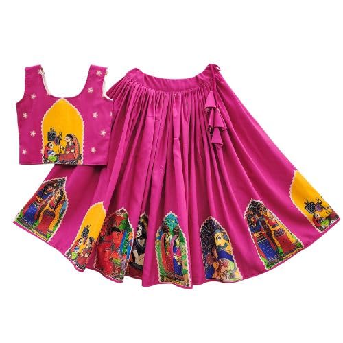 Kids Girls Lehenga Choli Set | Traditional Ethnic Wear with Printed Skirt & Blouse | Rayon Fabric with Crepe Inner | Festive & Wedding Outfit (Pink, 6-7 Years)
