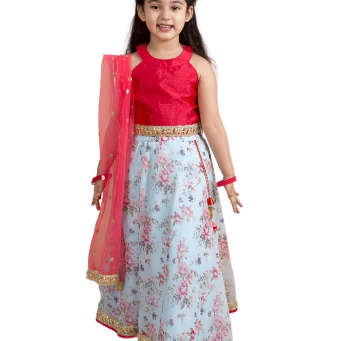 Pspeaches Girl's Polyester Readymade Red Blue Floral Lehenga Choli Set (Red-6-7Y)