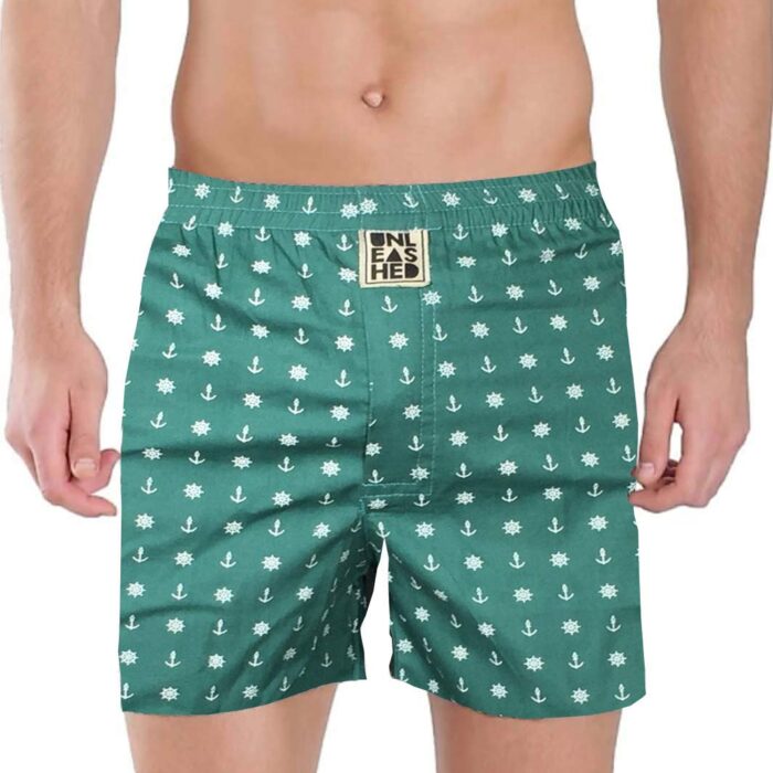 UNLEASHED Printed Cotton Boxer Shorts for Men (Pack of 1) - Boxer_ Anchor_PO1 (Large, SEA Green)