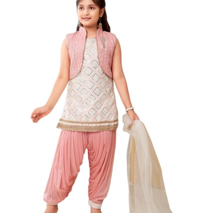 Aarika Girls Ethnic Wear White-Peach Colour Sequin Embroidery Lace Work Silk Kurti Patiala With Jacket (4-10 Years)